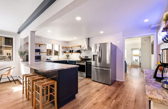 Modern kitchen with island and bar stools.